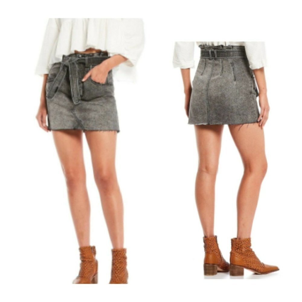 FREE PEOPLE Mini Skirt East Of Eden Denim Washed Black Belted NWT 25